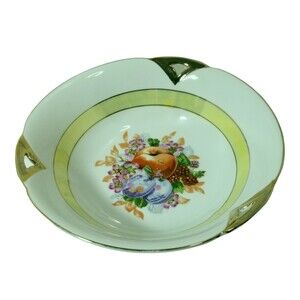 Vintage White Gold 9" Serving Bowl Fruit Design Yellow Plum Flowers Decorative